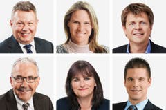 BERN (2/5) (obere Reihe von links) Urs Gasche (bisher), BDP; Andrea Geissbuehler (bisher), SVP; Juerg Grossen (bisher), GLP. (untere Reihe von links) Hans Grunder (bisher), BDP; Christine Haesler (bisher), Grüne; Erich Hess (neu), SVP. (Bild: Keystone / Handout)