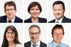 BERN (4/5) - (obere Reihe von links) Albert Roesti (bisher), SVP; Regula Rytz (bisher), Gruene; Werner Salzmann (neu), SVP. (untere Reihe von links) Marianne Streiff-Feller (bisher), EVP; Alexander Tschäppät (bisher), SP; Erich Von Siebenthal (bisher), SVP. (Bild: Keystone / Handout)