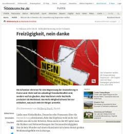 "Die Schweiz hat sich in dieser Frage in zwei Hälften gespalten", schreibt die "Süddeutsche Zeitung" . Doch auch wenn das Ergebnis denkbar knapp ausfiel - es ist ein Erfolg der Gegner der "Masseneinwanderung". (Bild: Screenshot)
