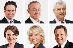 WAADT (2/3) - (obere Reihe von links) Olivier Feller (bisher), FDP; Olivier Francais (bisher), FDP; Jean-Pierre Grin (bisher), SVP. (untere Reihe von links) Ada Marra (bisher), SP; Isabelle Moret (bisher), FDP; Jacques Nicolet (neu), SVP. (Bild: Keystone / Handout)