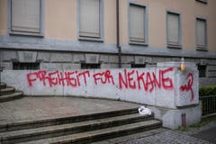 Farbschmierereien am Zürcher Bezirskgebäude. (Bild: KEYSTONE/Ennio Leanza)