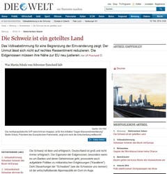 Am Ende des Abstimmungskrimis steht gemäss der Online-Ausgabe von "Die Welt" ein geteiltes Land, in dem der deutschsprachige Teil klar für eine Einschränkung der Zuwanderung plädiert, während der frankophone Teil gegen die Initiative abstimmte. (Bild: Screenshot)