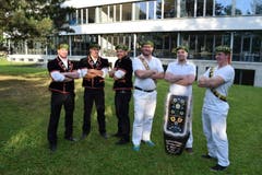 Die Urner Kranzschwinger: Stefan Arnold, Roger Baumann, Marco Wyrsch, Andi Imhof, Remo Murer und Matthias Herger. (Bild: David Zurfluh)