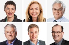 ST. GALLEN (2/2) - (obere Reihe von links) Barbara Gysi (bisher), SP; Barbara Keller-Inhelder (neu), SVP; Walter Mueller (bisher), FDP. (untere Reihe von links) Thomas Mueller (bisher), SVP; Lukas Reimann (bisher), SVP; Markus Ritter (bisher), CVP. (Bild: Keystone / Handout)