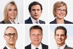 GENF (1/2) - (obere Reihe von links) Celine Amaudruz (bisher), SVP; Gauillaume Barazzone (bisher), CVP; Laurence Fehlmann (neu), SP. (untere Reihe von links) Benoit Genecand (neu), FDP; Roger Golay (bisher), MCG; Hugues Hiltpold (bisher), FDP. (Bild: Keystone / Handout)