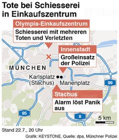 GRAFIK --- Karte von Muenchen mit Lage des Olympia-Einkaufszentrums und des Stachus (60 X 71mm hoch) vom Freitag, 22. Juli 2016 (KEYSTONE/Gerhard Riezler) (Bild: Keystone)
