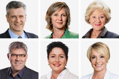 BASEL-LANDSCHAFT (1/2) - (obere Reihe von links) Thomas De Courten (bisher), SVP; Maya Graf (bisher), Gruene; Susanne Leutenegger Oberholzer (bisher), SP. (untere Reihe von links) Eric Nussbaumer (bisher), SP; Daniela Schneeberger (bisher), FDP; Elisabeth Schneider-Schneiter. (Bild: Keystone / Handout)