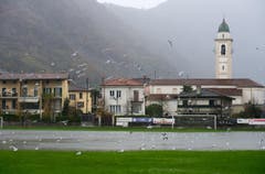 Der vom Regen überschwemmte Fussballplatz Melide (Bild: Keystone)