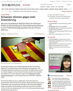 "Die Schweizer Regierung ist nun aufgefordert, binnen drei Jahren ein entsprechendes Gesetz auf den Weg zu bringen", schreibt "Zeit Online". Damit müsse Bern bei der EU auf Änderung des 1999 unterzeichneten Abkommens über Personenfreizügigkeit dringen. "Das könnte viele Bundesbürger treffen, die in der Schweiz arbeiten wollen." (Bild: Screenshot)