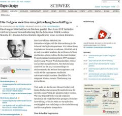 Den Europa-Fokus legt der «Tages-Anzeiger» und nennt das Resultat «eine Teilabsage an die Globalisierung und die europäische Integration». Die Probleme von Zersiedelung, Lohn- und Migrationsdruck seien real. «Aber sie sind nicht entlang der ethnischen und nationalen Grenzen zu lösen, wie dies der Mythos vom Sonderfall Schweiz glauben machen will.» (Bild: Screenshot)