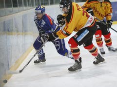 Sie kämpfen um den Puck: Zugs Leandro Blaser (links) und Küsnachts Jerrit Peter. (Bild: Stefan Kaiser (Neue ZZ))