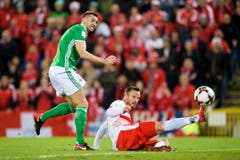 Nordirlands Verteidiger Gareth McAuley, links, im Kampf um den Ball. (Bild: Laurent Gilliéron / Keystone)