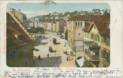 Der Bohl vom Brühltor her um 1900. Links ist das Waaghaus von hinten zu erkennen, rechts ein Wohnhaus und das Stadttheater. (Bild: Sammlung Reto Voneschen)