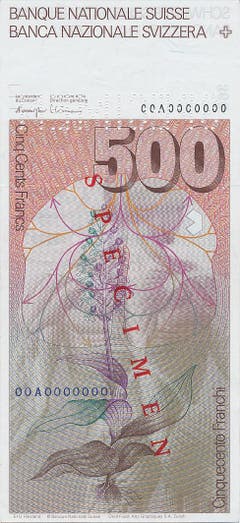 Auf der Rückseite sind eine Muskelfigur, ein Schema über Atmung und Blutkreislauf sowie eine Purpur-Orchis abgebildet. (Bild: Archiv der SNB)