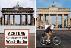 Die Bildkombo zeigt das Brandenburger Tor in Berlin hinter der Mauer und einem Hinweisschild mit der Aufschrift «Achtung, Sie verlassen jetzt West-Berlin» (Foto vom Juli 1981, l.) und das Brandenburger Tor in Berlin mit einem Radfahrer davor (Foto vom 03.08.11, r.). (Bild: Keystone)