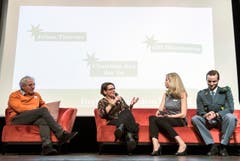 Talkrunde am "Who is Who 2017" der Thurgauer Zeitung (v.l.): Olli Hauenstein, Christina Aus der Au, Moderatorin Martina Eggenberger und Julian Thorner. (Bild: Reto Martin)