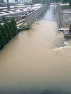 Das Wasser geht bis zu den Bahngleisen. (Bild: Matthias Kohn)