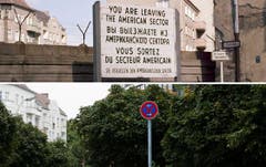 Die Bildkombo zeigt die Mauer und ein Hinweisschild zur amerikanischen Sektorengrenze in Berlin-Neukölln am Kiehlufer an der Mauer (Foto vom 12.03.1971, oben) und den selben Ort ohne Mauer und ohne Hinweisschild (Foto vom 04.08.11, unten). (Bild: Keystone)