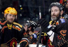 Der Bart altert mit: In den Playoff-Bart des Berners Jean-Pierre Dumont (rechts) schlichen sich 2012 einige graue Haare ein. (Bild: Keystone)