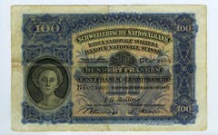 Auch die 100er-Note ziert auf der Vorderseite einen Frauenkopf. (Bild: Archiv der SNB)