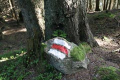Eine Wegmarkierung auf einem Stein. (Bild: Jolanda Riedener)