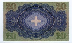 Auf der Rückseite ist das Schweizerkreuz zu sehen. Die Strichzeichnung stammt von Traugott Willi. (Bild: Archiv der SNB)