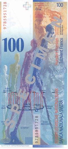 Die Rückseite der 100er-Note zeigt Werke Giacomettis ("Lothar II", "Homme qui marche") sowie die Zeit-Raum-Beziehung. (Bild: Archiv der SNB)