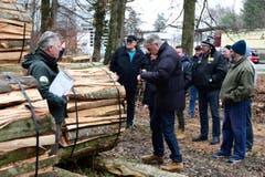 Die Holzgant fand am Morgen statt. Förster Hansruedi Gubler leitete die Holzgant mit guten Holzpreisen. (Bild: Werner Lenzin)