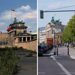 Die Bildkombo zeigt das Brandenburger Tor in Berlin hinter der Mauer (Foto vom 07.08.1974, l.) und das Brandenburger Tor in Berlin mit Strassenverkehr (Foto vom 03.08.11, r.) (Bild: Keystone)