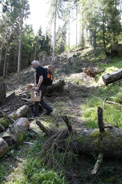 Die Farbe trägt Willi Marthy in einem Holzgestell mit. (Bild: Jolanda Riedener)