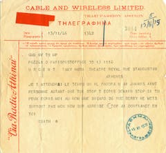Ein Telegramm von Edith Piaf an ihren Angebeteten, den griechischen Schauspieler Dimitris Horn, aus dem Jahr 1946. (Bild: Keystone)