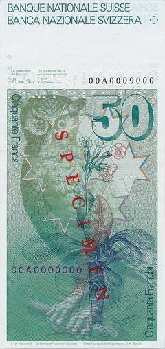 Die sechste Banknotenserie kam ab 1976 in Umlauf. (Zeichnung: Uhu, Primel und Sterne) (Bild: Archiv der SNB)