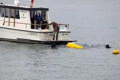 Die zwei Taucher bergen die Bombe per Luftkissen aus dem Bodensee. (Bild: Rudolf Hirtl)