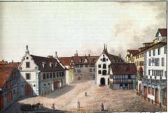 Der Bohl vom Marktplatz her um 1800. In der Mitte das Waaghaus, links der «Nothenstein» (heute Sitz der gleichnamigen Bank) und das Zeughaus. (Bild: Sammlung Reto Voneschen)