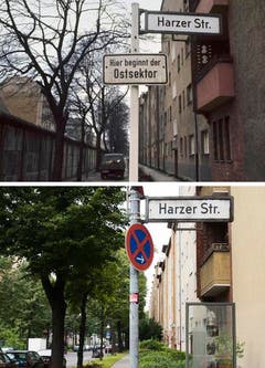 Die Bildkombo zeigt ein Schild der Harzer Strasse in Berlin-Neukölln mit einem Hinweisschild mit der Aufschrift «Hier beginnt der Ostsektor», während im Hintergrund die Mauer in Berlin zu sehen ist (Foto vom 08.03.1973, oben) und den selben Ort ohne Mauer und ohne Hinweisschild (Foto vom 04.08.11, unten). (Bild: Keystone)