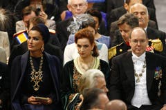 Katars First Lady Sheikha Mozah bint Nasser al-Missned, Prinzessin Lalla Salma von Marokko und Fürst Albert von Monaco. (Bild: Keystone)