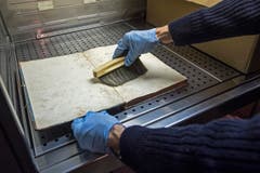 Höchste Schutzmassnahmen: Der Experte befreit ein stark beschädigtes Archivband vom Schimmel. (Bild: Urs Lindt)