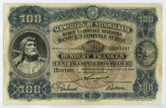 Die 100er-Note stammt wiederum vom Orell-Füssli-Mitarbeiter Balzer. Zu sehen ist Wilhelm Tell auf der Vorderseite... (Bild: Archiv der SNB)