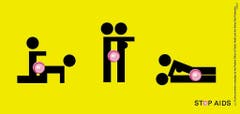 Liebesspiele mit einem Kondom, dargestellt durch Piktogramme, eröffnen die Kampagne von 2004. Die schwarzen Botschaften auf gelbem Grund erinnern an die Praxis des "Safer Sex". (Bild: Keystone)