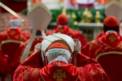 Ein Kardinal zieht während der Messe seine Mitra an. (Bild: Keystone)