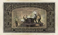 Auf der Rückseite der 1000er-Note sind Giesser zu sehen. Die Noten der zweiten Serie wurden erst in der Jahren 1956/1957 ersetzt - eine ausserordentliche Lebensdauer für Banknoten. (Bild: Archiv der SNB)
