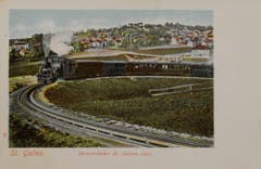 Das "Gaiserbähnli" in der Ruckhaldekurve. Ansichtskarte nach 1900. (Bild: Stadtarchiv der Ortsbürgergemeinde St.Gallen)