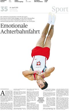 Der dramatische Gewinn der Bronzemedaille von Kunstturner Pablo Brägger wurde von Bildredaktion, Layout und Grafik gekonnt inszeniert. (Bild: pd)