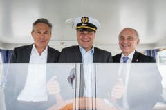 Aufgenommen auf der MS Thurgau: Blocher mit SVP-Franktionspräsident Adrian Amstutz und Bundesrat Ueli Maurer. (Bild: Keystone)