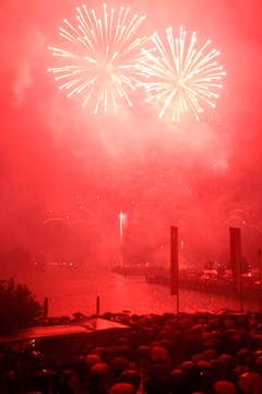 Das Feuerwerk über dem Kreuzlinger Hafenbecken fand trotz starkem Regen statt. (Bild: Benjamin Manser)