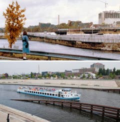 Die Bildkombo zeigt die Mauer in Berlin am Ufer der Spree (Foto von 1980, oben) und die Spree mit Schiffsverkehr ohne die Mauer (Foto vom 04.08.11, unten). (Bild: Keystone)