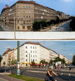 Die Bildkombo zeigt die Mauer an der Bernauer Strasse (oberes Bild, linke Seite) und der Oderberger Strasse (oberes Bild, rechte Seite) in Berlin (Foto vom Juli 1981, oben) und dieselbe Strassenecke 30 Jahre später ohne die Mauer (Foto vom 03.08.11, unten). (Bild: Keystone)