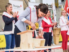 Schreinerin Iris Lieberherr beweist ihre handwerklichen Fähigkeiten beim Schreinern. (Bild: Hanspeter Schhiess)