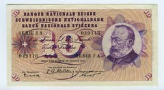 Die fünfte Serie (die vierte kam nie in Umlauf) wurde ab 1956 ausgegeben. Im Bild: Die 10er-Note mit dem Porträt von Gottfried Keller. (Bild: Archiv der SNB)