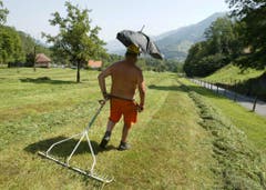 Bauer Hansruedi Sigrist aus Giswil im Kanton Obwalden hat sich für die Arbeit aus einem Helm und einem abgesägten Regenschirm einen Sonnenschutz gebastelt. (Bild: Keystone)